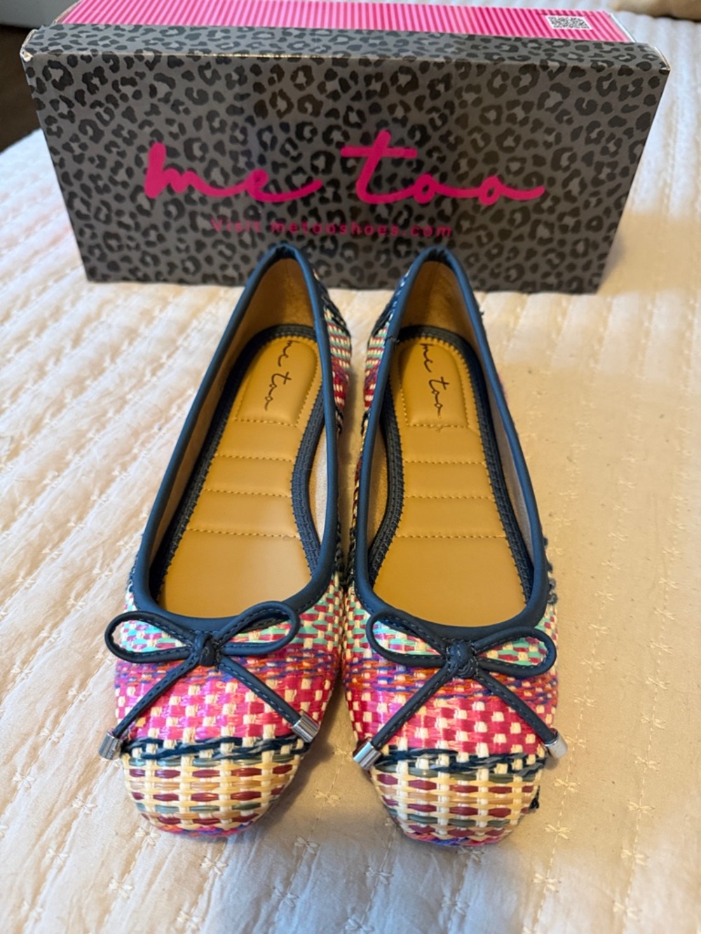 "me too" Pink Multicolor Woven Bow Ballet Flats with Navy Trim 6M    LOVE ❤️ NWT - Picture 3 of 8